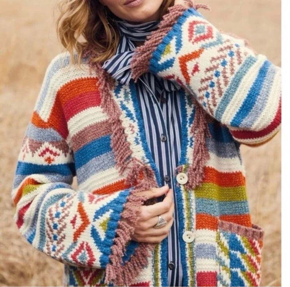 NWOT Peruvian Connection High Plains Fringe Cardigan Alpaca Blend sz M/L Boho